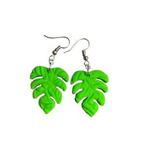 Lime Green Monstera Leaf Textured Earrings - Handmade Polymer Clay